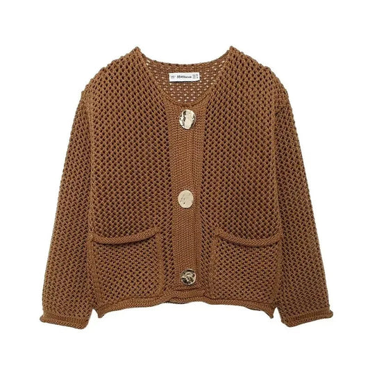 Cardigan Femme en Maille Aérée avec Poches et Boutons Dorés 0