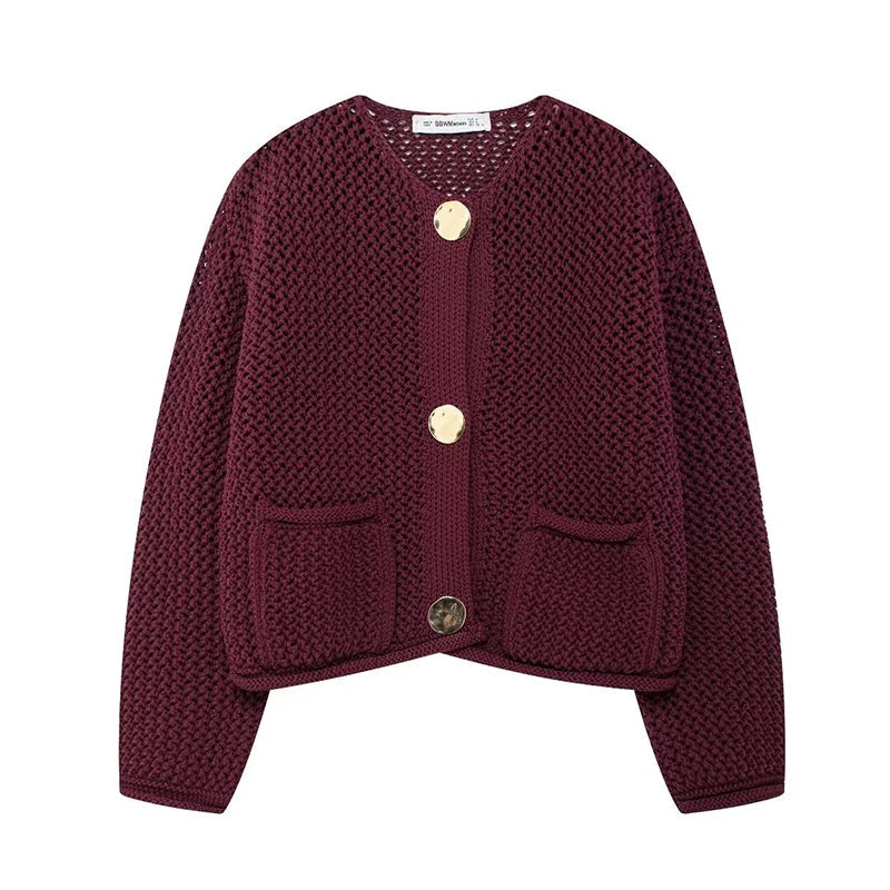 Cardigan Femme en Maille Aérée avec Poches et Boutons Dorés 1
