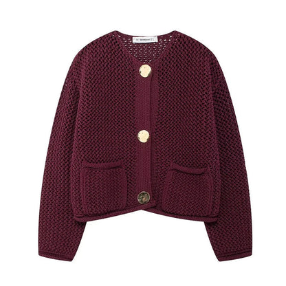 Cardigan Femme en Maille Aérée avec Poches et Boutons Dorés 1