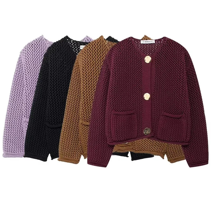 Cardigan Femme en Maille Aérée avec Poches et Boutons Dorés 2