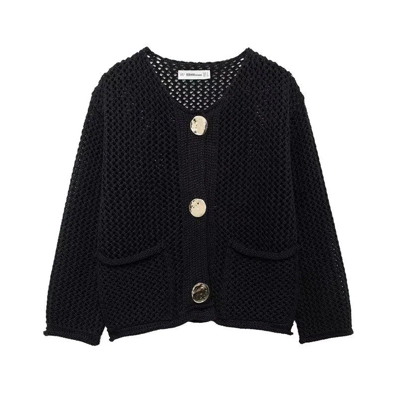 Cardigan Femme en Maille Aérée avec Poches et Boutons Dorés 3