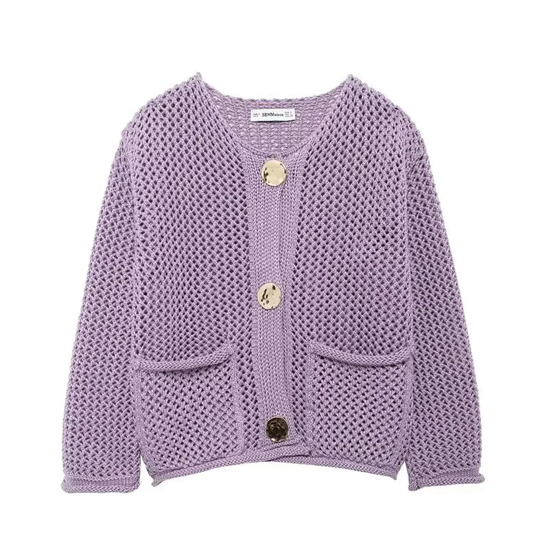 Cardigan Femme en Maille Aérée avec Poches et Boutons Dorés 4