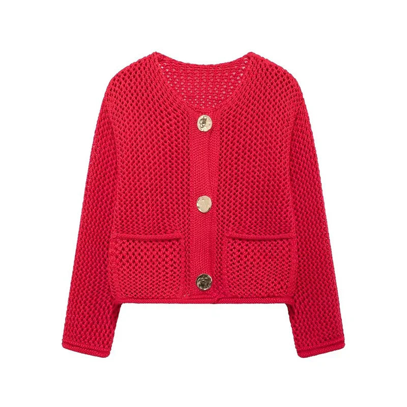Cardigan Femme en Maille Aérée avec Poches et Boutons Dorés 5