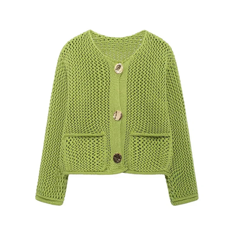 Cardigan Femme en Maille Aérée avec Poches et Boutons Dorés 8