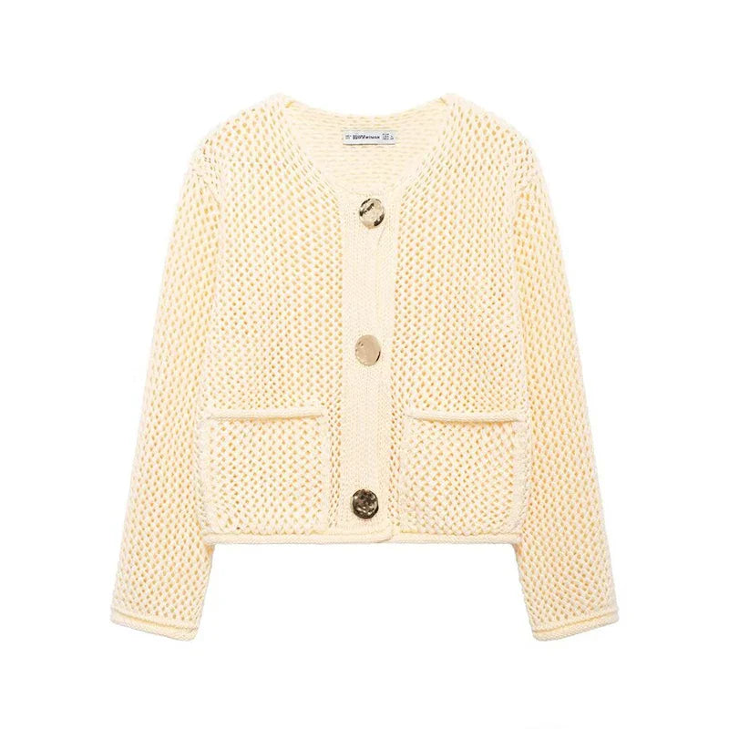 Cardigan Femme en Maille Aérée avec Poches et Boutons Dorés 9
