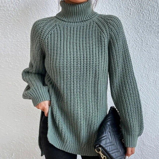 Pull Cachemire Femme à Col Roulé, Texture Côtelée, Fente – Tortue 0