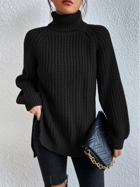 Pull Cachemire Femme à Col Roulé, Texture Côtelée, Fente – Tortue 2