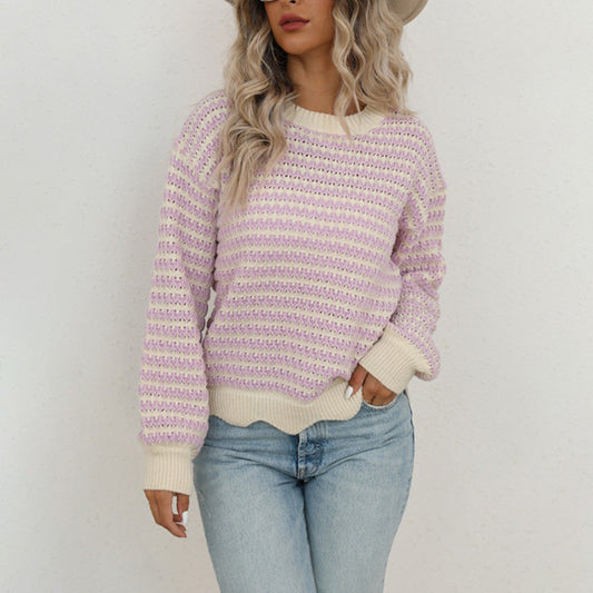 Pull Femme Acrylique à Rayures Col Rond Manches Longues 0