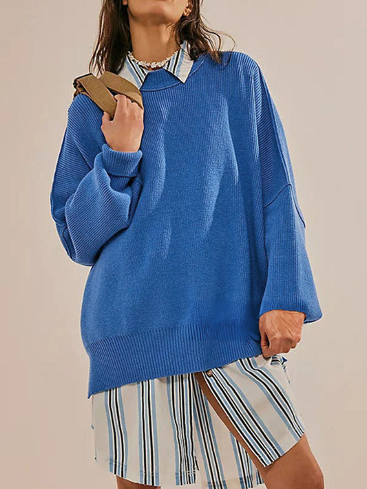 Pull Femme Oversize Col Rond Manches Longues Fentes Latérales 0