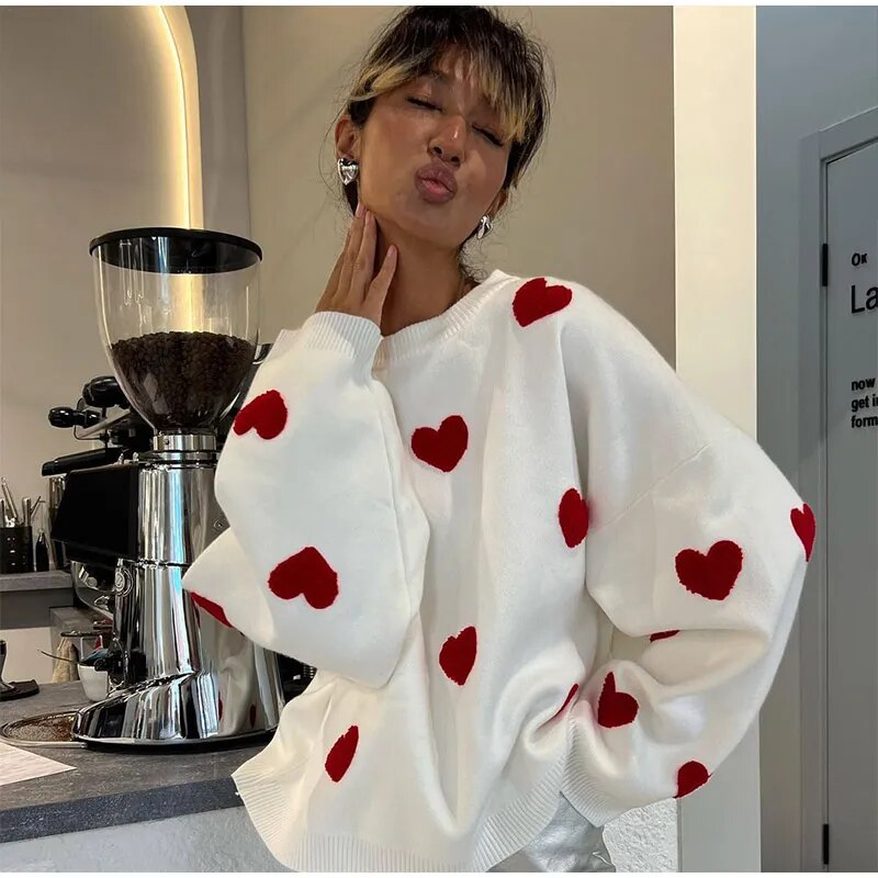Pull Femme Oversize Imprimé Cœur en Coton Doux – Style Décontracté 0