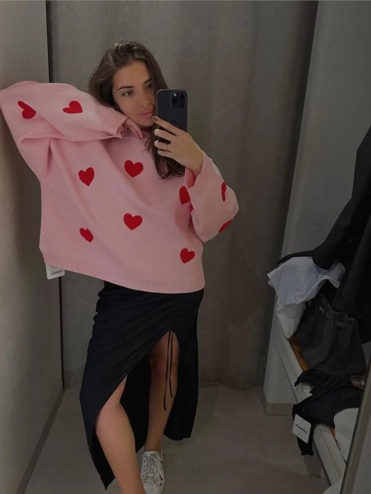 Pull Femme Oversize Imprimé Cœur en Coton Doux – Style Décontracté 1