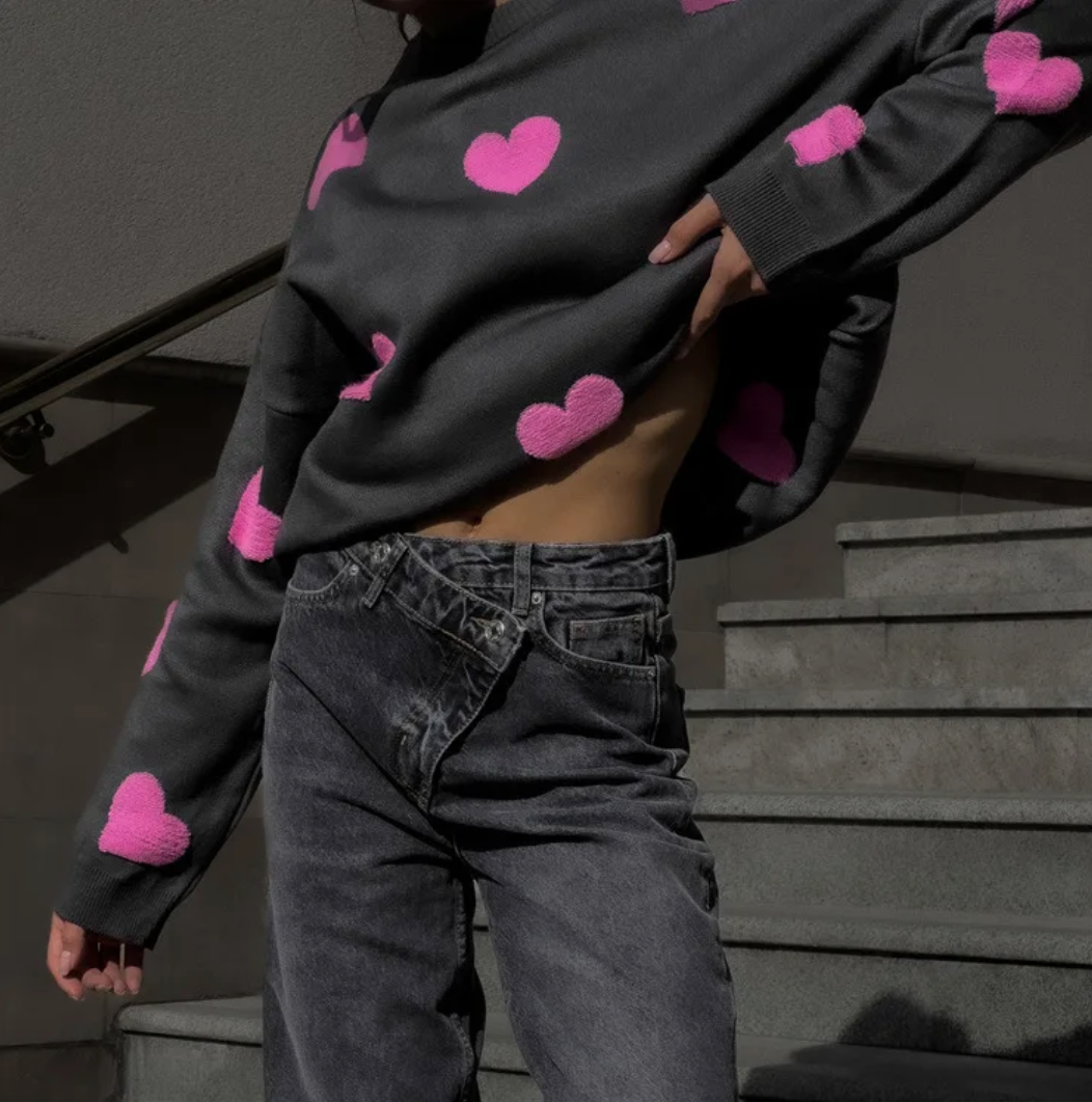 Pull Femme Oversize Imprimé Cœur en Coton Doux – Style Décontracté 4