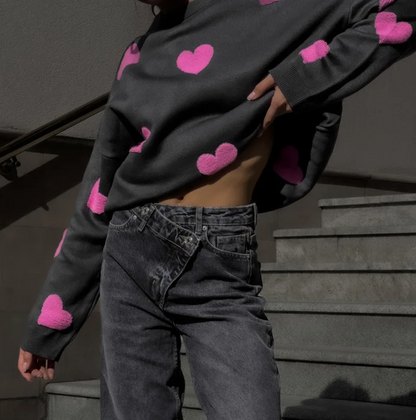 Pull Femme Oversize Imprimé Cœur en Coton Doux – Style Décontracté 4