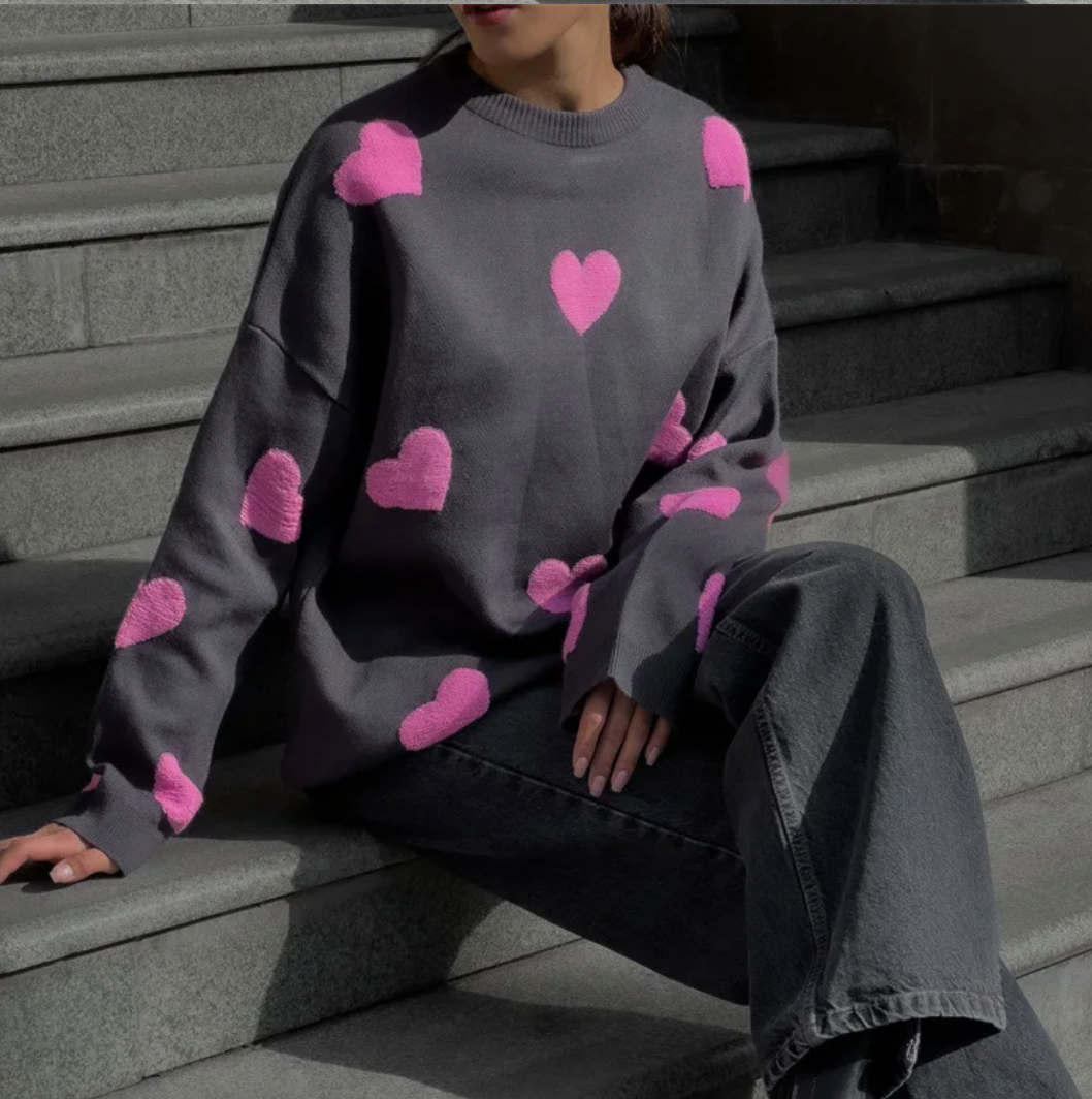 Pull Femme Oversize Imprimé Cœur en Coton Doux – Style Décontracté 9