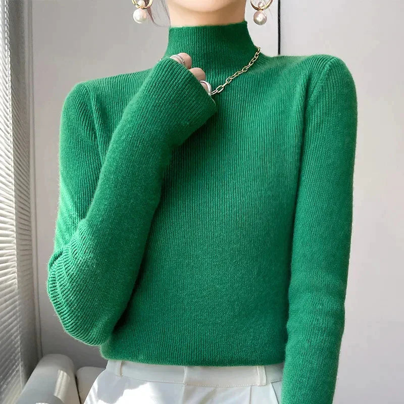 Pull Femme en Maille à Col Montant et Manches Longues - Émeraude, Noir, Rose, Gris 0