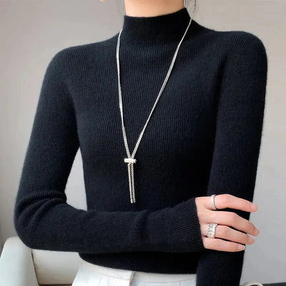 Pull Femme en Maille à Col Montant et Manches Longues - Émeraude, Noir, Rose, Gris 1