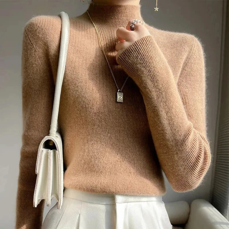 Pull Femme en Maille à Col Montant et Manches Longues - Émeraude, Noir, Rose, Gris 10