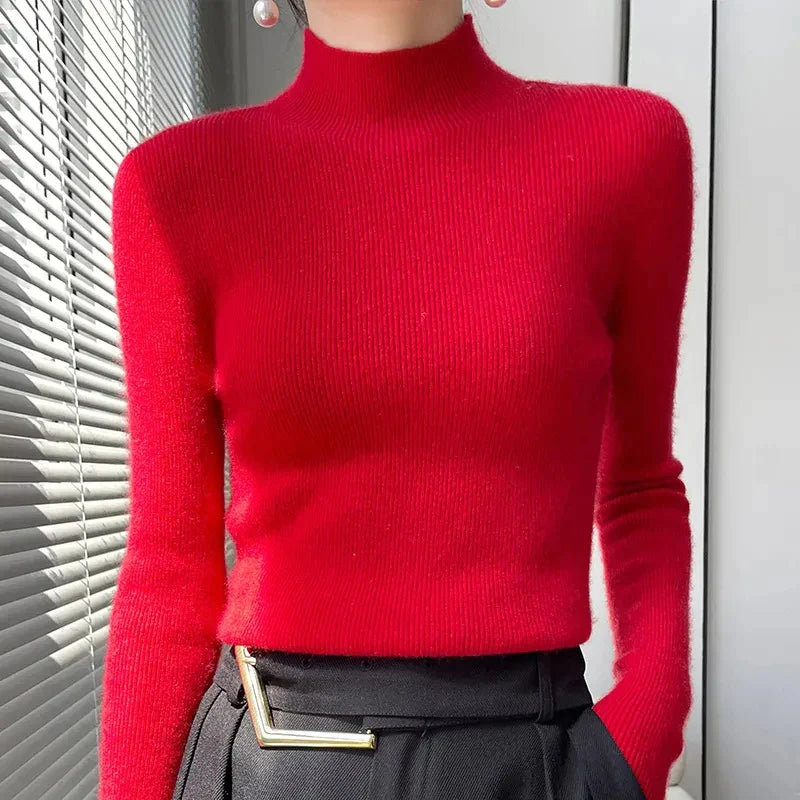Pull Femme en Maille à Col Montant et Manches Longues - Émeraude, Noir, Rose, Gris 11