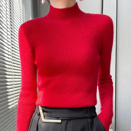 Pull Femme en Maille à Col Montant et Manches Longues - Émeraude, Noir, Rose, Gris 11