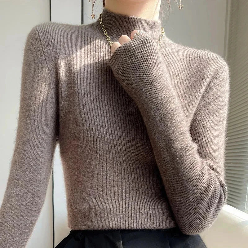 Pull Femme en Maille à Col Montant et Manches Longues - Émeraude, Noir, Rose, Gris 12