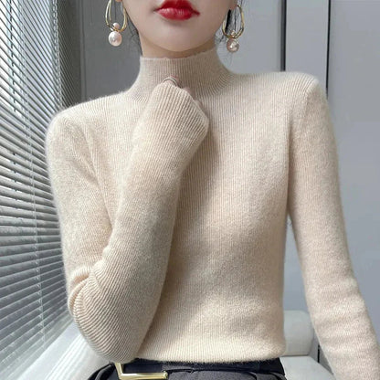 Pull Femme en Maille à Col Montant et Manches Longues - Émeraude, Noir, Rose, Gris 14