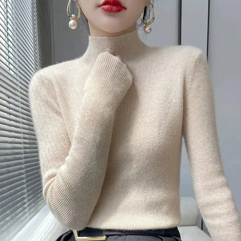 Pull Femme en Maille à Col Montant et Manches Longues - Émeraude, Noir, Rose, Gris 2