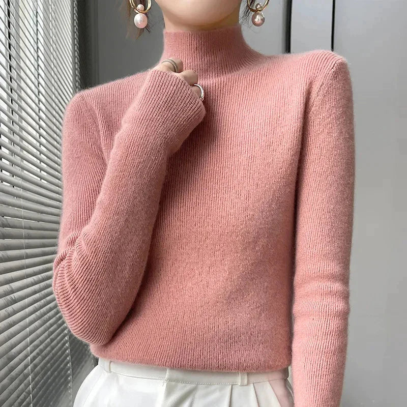Pull Femme en Maille à Col Montant et Manches Longues - Émeraude, Noir, Rose, Gris 3