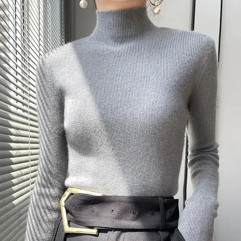 Pull Femme en Maille à Col Montant et Manches Longues - Émeraude, Noir, Rose, Gris 4