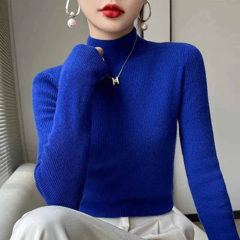 Pull Femme en Maille à Col Montant et Manches Longues - Émeraude, Noir, Rose, Gris 5