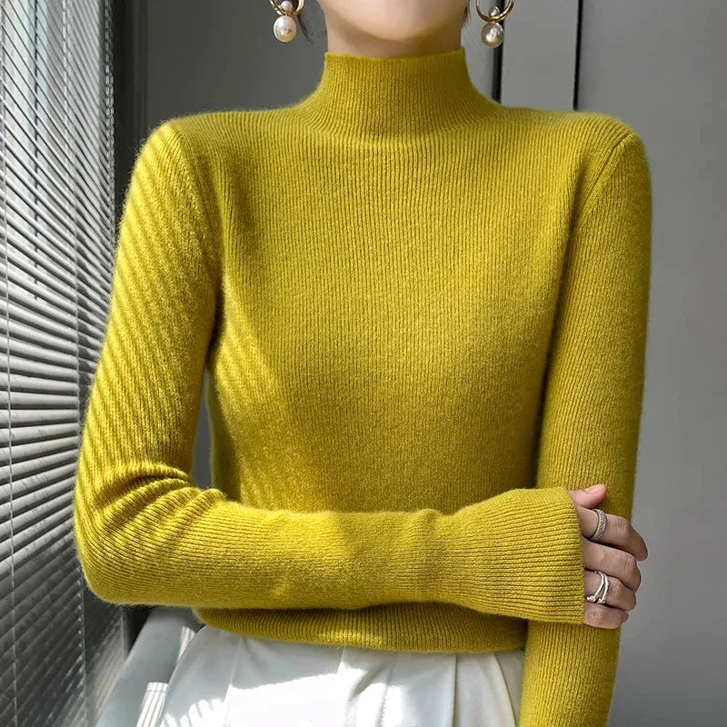 Pull Femme en Maille à Col Montant et Manches Longues - Émeraude, Noir, Rose, Gris 7