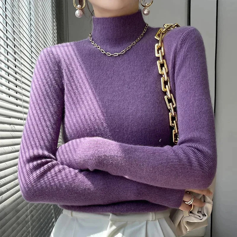 Pull Femme en Maille à Col Montant et Manches Longues - Émeraude, Noir, Rose, Gris 8