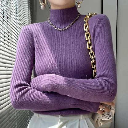 Pull Femme en Maille à Col Montant et Manches Longues - Émeraude, Noir, Rose, Gris 8