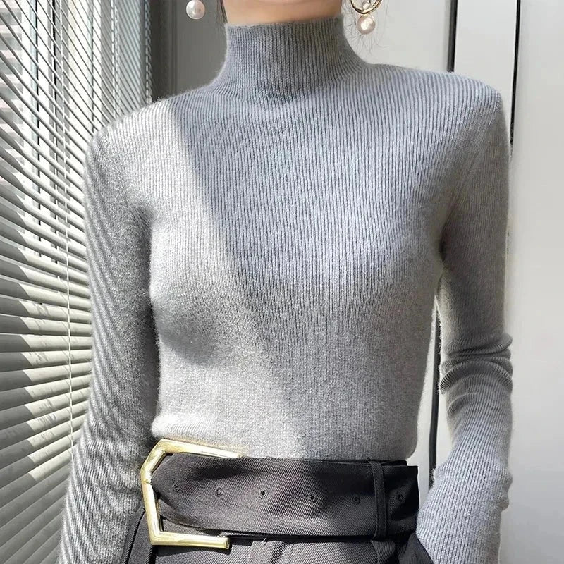 Pull Femme en Maille à Col Montant et Manches Longues - Émeraude, Noir, Rose, Gris 9